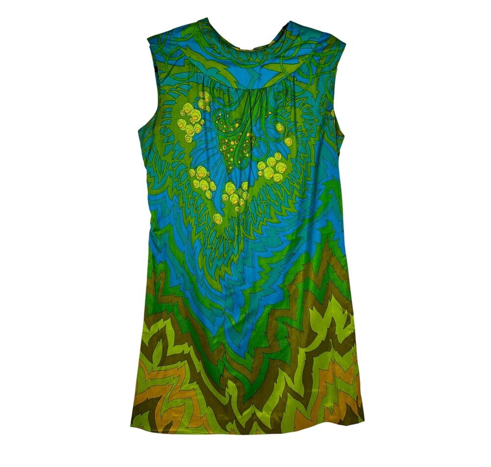 Vintage 1960s Psychedelic Shift Dress House of Lord's Blue Green Floral Silk